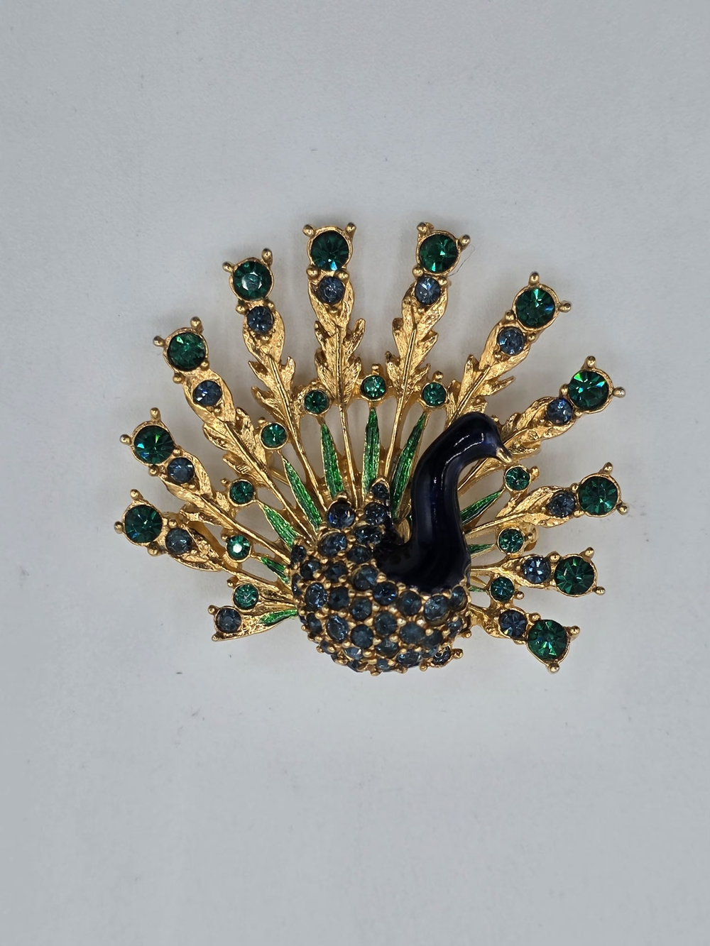 Sphinx 2046 Branded Peacock Brooch Emerald and Sapphire Crystals Vintage Rare